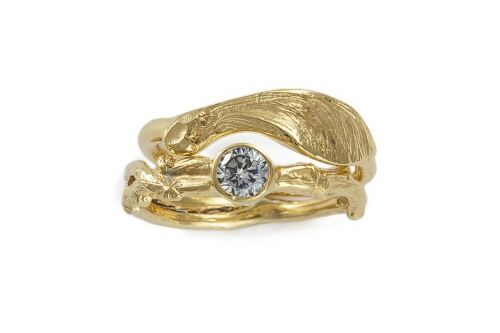 18ct Gold Woodland Diamond Engagement Ring with Sycamore Wedding Band